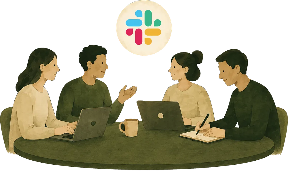 Leaders collaborating around a shared workspace, connected to a network of peers