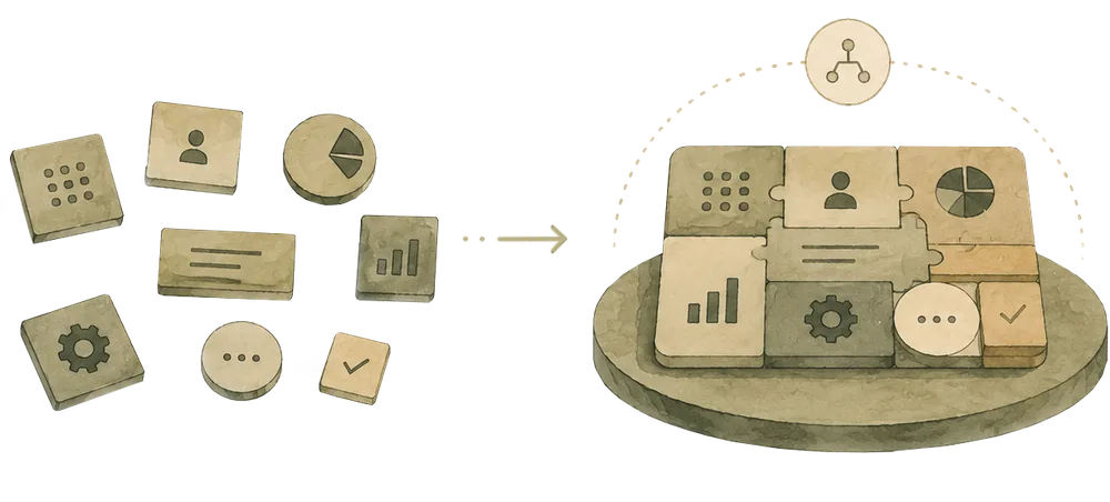 Scattered tools assembling into one shared operating system